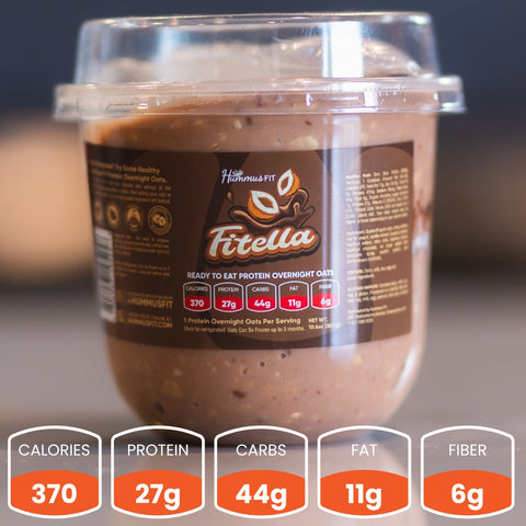 A container of Overnight Oats (Flavors Vary) - Subscription, ideal for healthy breakfasts, with a nutrition label showing 370 calories, 27g protein, 44g carbs, 11g fat, and 6g fiber per serving.