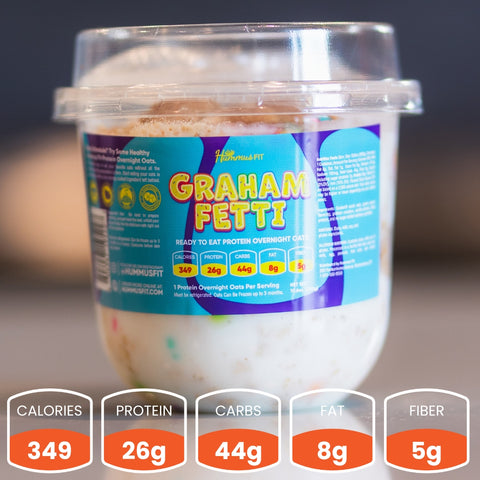 A clear plastic container labeled Overnight Oats (Flavors Vary) - Subscription, filled with oats. Each serving: 349 calories, 26g protein, 44g carbs, 8g fat, and 5g fiber—perfect for a healthy, easy meal-prep breakfast.