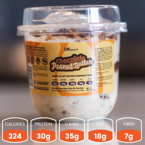 A container of Overnight Oats (Flavors Vary) - Subscription sits on a table—a great meal prep breakfast with 324 calories, 30g protein, 35g carbs, 18g fat, and 7g fiber per serving.