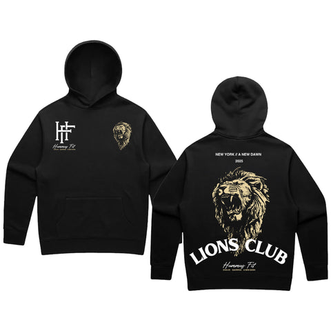 The 2025 Lions Club Hoodie features gold lion graphics—a small lion head and logo on the front, roaring lion and “LIONS CLUB,” “NEW YORK & NEW DAWN 2023,” and “Homme Fix” text on the back—ideal street style from Hummus Fit.