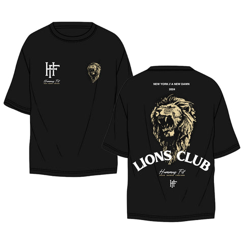 The 2025 Lions Club T-Shirt (Oversized) features a small lion head and Harmony Fit text on the front, with a bold roaring lion, New York Lions Club, Harmony Fit, and NEW YORK A NEW DAWN 2024 on the back—ideal for Hummus Fit shirt fans.