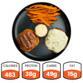 A black plate with sweet potato fries, a burger bun, the 6-Guys Patty Melt cheeseburger patty, and sauce—a high-protein meal for cheeseburger meal prep. Nutrition: 483 calories, 38g protein, 49g carbs, 15g fat.