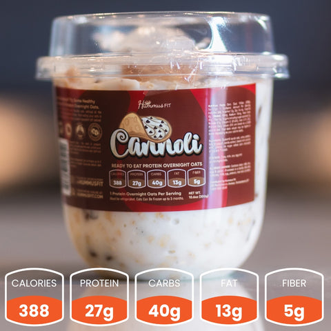 A container of ready-to-eat Overnight Oats (Flavors Vary) - Subscription is shown, great for healthy breakfast meal prep. Nutrition per serving: 388 calories, 27g protein, 40g carbs, 13g fat, and 5g fiber displayed at the bottom.