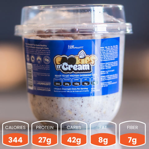 A plastic cup of Overnight Oats (Flavors Vary) - Subscription makes healthy breakfast meal prep simple. Blue label: 344 calories, 27g protein, 42g carbs, 8g fat, and 7g fiber. The container has a clear lid.