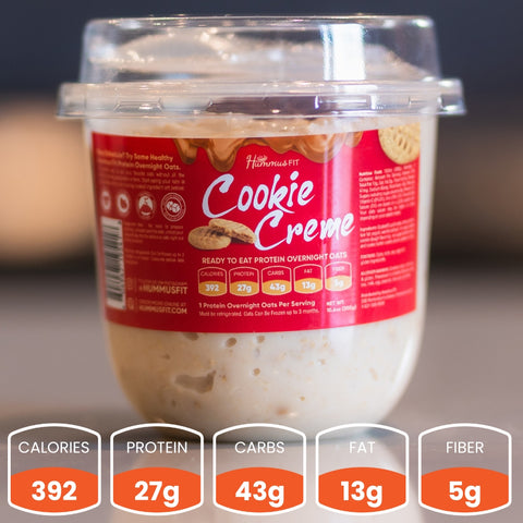 A serving of Overnight Oats (Flavors Vary) - Subscription makes a tasty, healthy breakfast with 392 calories, 27g protein, 43g carbs, 13g fat, and 5g fiber per serving.