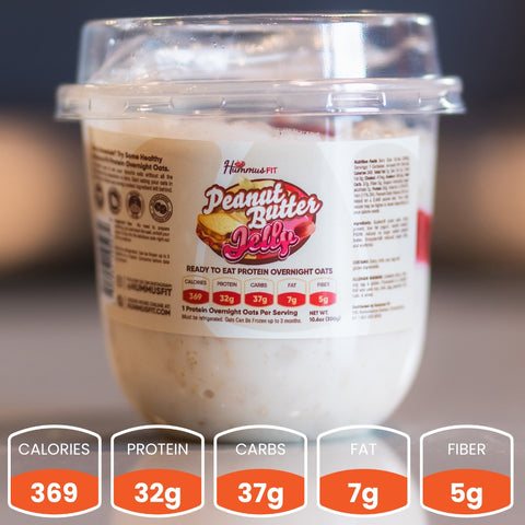 A container of Overnight Oats (Flavors Vary) - Subscription is shown up close, ideal for healthy breakfast meal prep, with a label noting 369 calories, 32g protein, 37g carbs, 7g fat, and 5g fiber per serving.