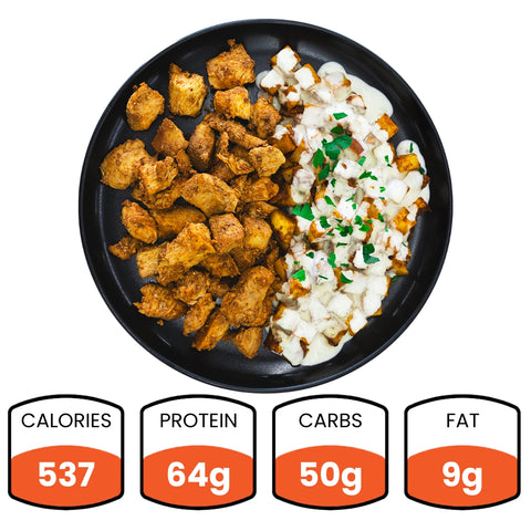 Black plate with chicken and cream sauce, nutritional information displayed below.