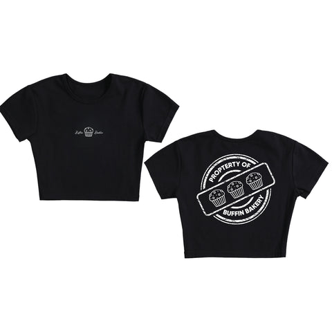 Buffin Baddie Crop T-Shirt (Limited Stock) shown front and back: small white muffin and Buffin Bakery text on front; large white circle with three muffins and Property of Buffin Bakery on back—ideal for snack queens!.