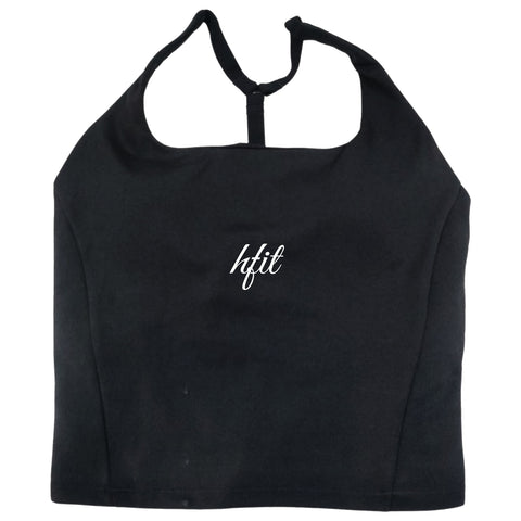A black Womens Flex Halter Tank Top (Limited Stock) with hfit in white cursive on the front. This sleek, fitted training top is shown against a white background.