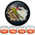 Enjoy a healthy Arnold 2022 Bowl with grilled chicken strips, two asparagus spears, white rice, and green sauce. Ideal for meal prep. Nutrition: 430 calories, 48g protein, 39g carbs, 10g fat.