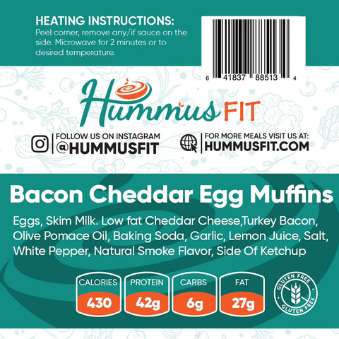 The Bacon Cheddar Egg Muffins label shows ingredients, nutrition (430 calories, 42g protein, 6g carbs, 27g fat), heating instructions, plus QR codes and social media info for this protein-rich breakfast.