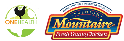 One Health Certified and Mountaire logos, highlighting responsible animal care and premium fresh young chicken since 1914.