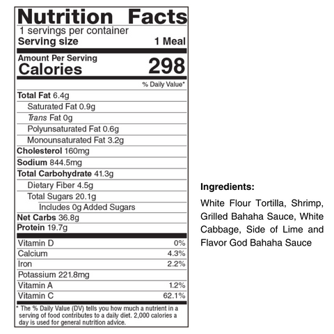Bahaha Shrimp Tacos nutrition label: 298 calories per serving, high protein, with grilled shrimp, flour tortilla, cabbage, lime, and Flavor God Bahaha sauce. Includes detailed info on fats, carbs, protein, and ingredients.