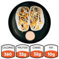 Baja Chicken Tacos feature grilled chicken, shredded cheese, and vegetables in low-carb tortillas with creamy sauce. Per serving: 360 calories, 32g protein, 32g carbs, 10g fat.