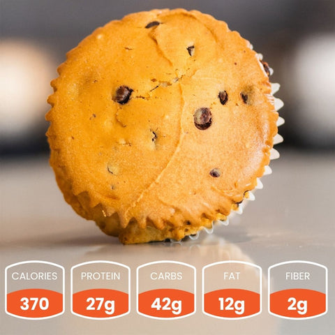 A Buffin Muffin from our Variety Pack sits on a light surface. Nutritional icons below display: 370 calories, 27g protein, 42g carbs, 12g fat, and 2g fiber—making it an ideal healthy breakfast snack.