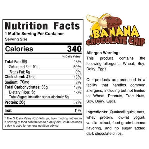 Nutrition label for Overnight Oats (Flavors Vary) - Subscription shows calories per serving, ingredients, plus allergen info for wheat, soy, dairy, and eggs—great meal prep or breakfast idea! Cartoon oat bowl with fruit pictured on the right.