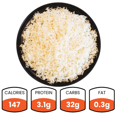 A bowl of Competition Approved White Basmati Rice (1lb) provides 147 calories, 3.1g protein, 32g carbs, and 0.3g fat—ideal for competition-approved meals.