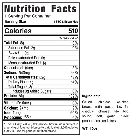 Nutrition facts label for BBQ Chicken Mac Bowl (Subscription) with 510 calories per serving. Contains chicken breast, rotini pasta, cheese, BBQ sauce, salt, garlic, black pepper & scallion flakes. Net weight: 10oz. Great for healthy meal prep.