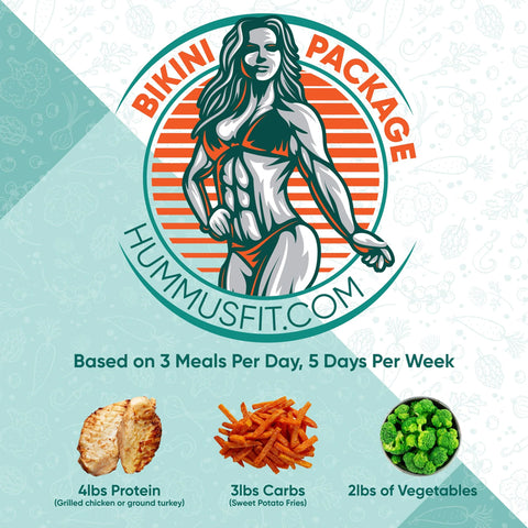 Illustration of a fit woman with Bikini Package and hummusfit.com. Below are pre-cooked meals—grilled chicken (protein), sweet potato fries (carbs), and broccoli (vegetables). Bikini Package meal plan details are included.