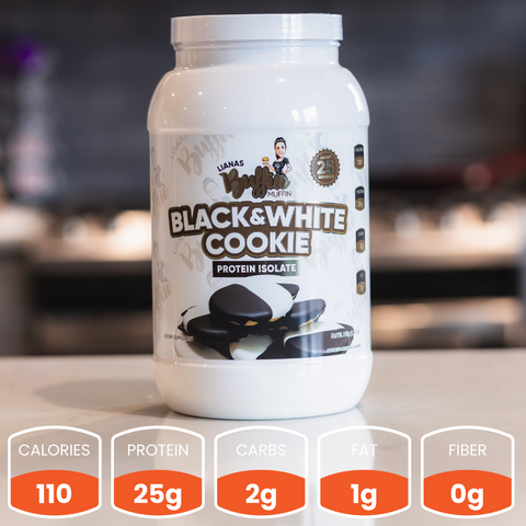 A container of Lianas Buffin Muffin - Protein Isolate (Subscription), a dessert-inspired protein powder, sits on a counter. Each serving: 110 calories, 25g protein, 2g carbs, 1g fat, and 0g fiber. The kitchen background is blurred.