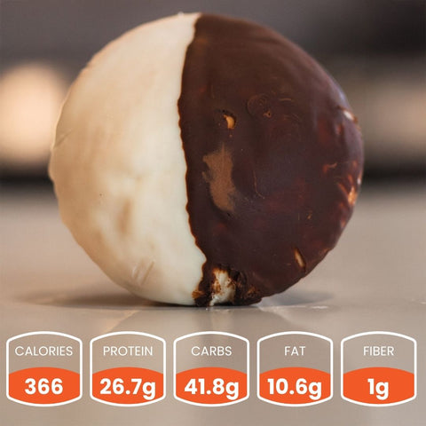 The Buffin Muffin, a round snack with half white coating and half dark chocolate, is perfect for on the go. Each serving has 366 calories, 26.7g protein, 41.8g carbs, 10.6g fat, and 1g fiber.