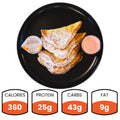 A plate of Blueberry French Toast with a side of low-fat cream cheese and a drizzle of maple syrup, presented with nutritional information displayed: 360 calories, 25g protein, 43g carbs, 9g fat.