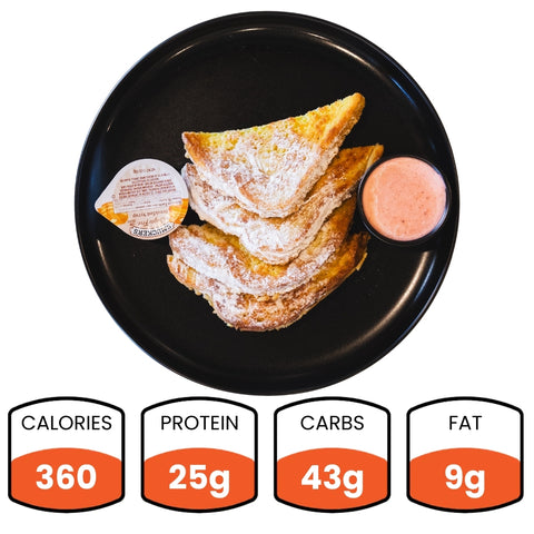 A plate of Blueberry French Toast with a side of low-fat cream cheese and a drizzle of maple syrup, presented with nutritional information displayed: 360 calories, 25g protein, 43g carbs, 9g fat.