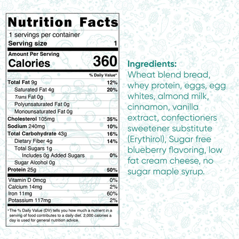 The Blueberry French Toast nutrition label shows 360 calories per serving, with 25g whey protein and 14g carbs. Ingredients for this guilt-free breakfast include wheat blend bread, egg, almond milk, vanilla, cinnamon, sweeteners, and blueberries.