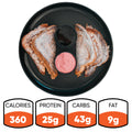 A black plate holds four powdered sugar-dusted Blueberry French Toast halves with two dipping sauces, plus nutrition info: 360 calories, 25g protein, 43g carbs, and 9g fat—a delicious high-protein breakfast.