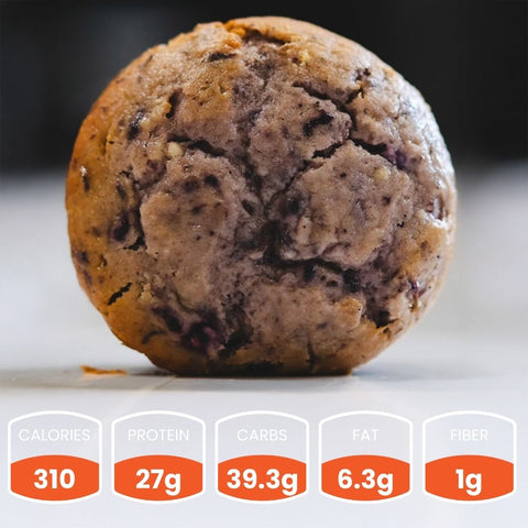 A Buffin Muffin Variety Pack muffin rests on a white surface, ideal for breakfast. Displayed below: 310 calories, 27g protein, 39.3g carbs, 6.3g fat, and 1g fiber per serving.