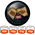 The Breakfast Burrito (Subscription) features turkey bacon, is served halved with hot sauce, and packs 500 calories, 40g protein, 27g carbs, and 26g fat—ideal for high-protein meal prep.