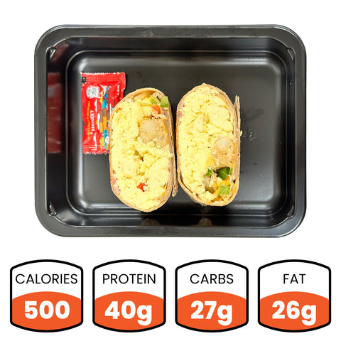 A black meal tray holds a Breakfast Burrito (Subscription) with turkey bacon, sliced in half and served with hot sauce. Below, nutrition info shows: 500 calories, 40g protein, 27g carbs, and 26g fat—a high-protein meal to start your day.