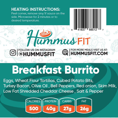 The Breakfast Burrito (Subscription) food label features heating instructions, social media info, and nutrition facts—500 calories, 40g protein, plus turkey bacon—making it a high-protein meal prep choice.