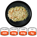 The Brookfield Chicken Bowl is served on a black plate with rice, chicken, shredded cheese, and vegetables. Nutrition facts: 420 calories, 44g protein, 44g carbs, and 9g fat.