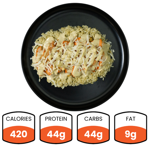 The Brookfield Chicken Bowl is served on a black plate with rice, chicken, shredded cheese, and vegetables. Nutrition facts: 420 calories, 44g protein, 44g carbs, and 9g fat.