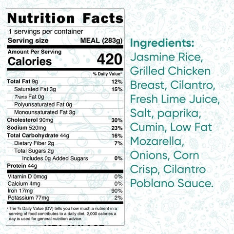 Nutrition facts label for Brookfield Chicken Bowl: 420 calories per serving. Made with jasmine rice, grilled chicken breast, cilantro, lime juice, spices, low fat mozzarella, onions, corn, and poblano sauce.