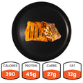 A grilled Broritto Burrito, sliced in half on a black plate, with nutrition info below: 390 calories, 45g protein, 27g carbs, and 12g fat—making it a healthy and high-protein meal option.