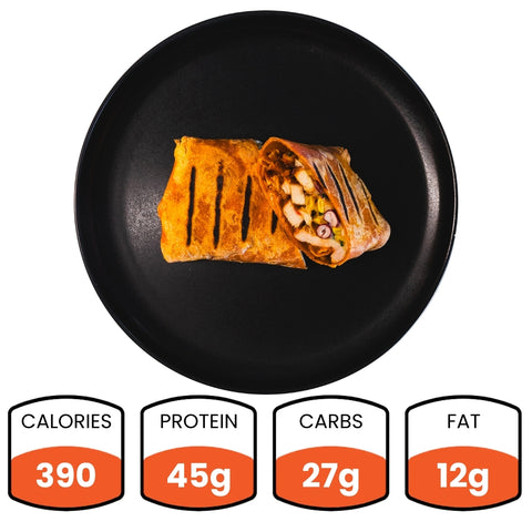 A grilled Broritto Burrito, sliced in half on a black plate, with nutrition info below: 390 calories, 45g protein, 27g carbs, and 12g fat—making it a healthy and high-protein meal option.