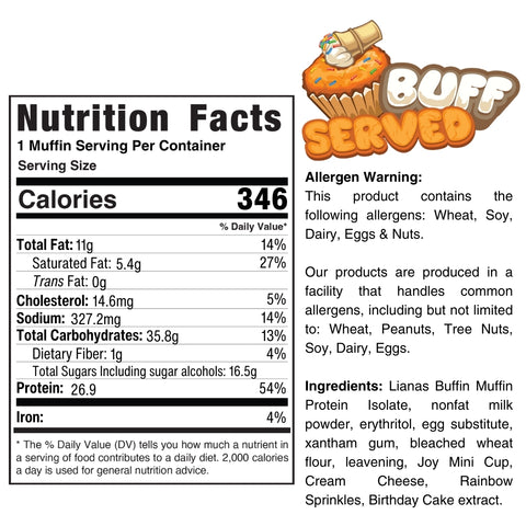 Buffin Muffin nutrition label: 346 calories per serving. Features an image top right, allergen warning, and ingredients list (nuts, dairy, soy, eggs, wheat)—a nutritious snack ideal for on-the-go enjoyment.