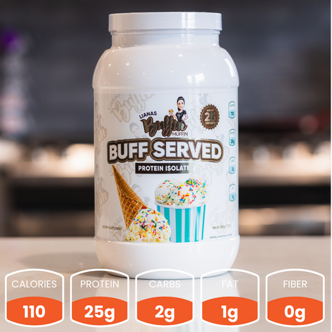 A white container of “Lianas Buffin Muffin - Protein Isolate (Subscription)” sits on a kitchen counter. Its dessert-themed label shows an ice cream cone and cupcake. Each serving: 110 calories, 25g protein, 2g carbs, 1g fat, and 0g fiber.