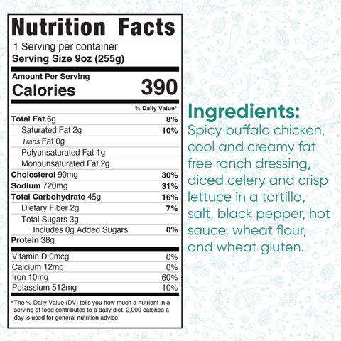 Nutrition facts label for a 9oz serving of Buffalo Crispy Chicken Wrap (390 calories). Ingredients: spicy chicken, fat-free ranch dressing, celery, lettuce, tortilla, salt, pepper, hot sauce, wheat flour, water.