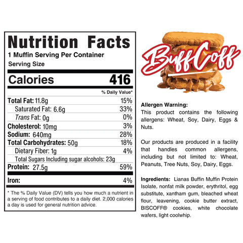 Nutrition label for Buffin Muffin—416 calories per serving. Features allergen info, ingredient list, and a muffin sandwich logo with coffee and icing. Includes bold red Buffin Muffin text, making it the perfect on-the-go snack.