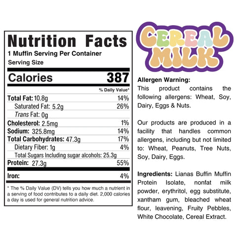 Buffin Muffin nutrition label, allergen warning, and colorful Cereal Milk logo. Ingredients: plant protein, nonfat milk powder, erythritol, fruit, and chocolate—perfect nutritious snack muffins on the go.