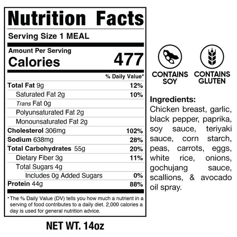 Nutrition Facts label for Chicken Stir Fry, a high-protein meal with 477 calories per serving. Contains soy and gluten. Made with chicken, vegetables, spices, soy sauce, eggs, and avocado oil. Net weight: 14oz.