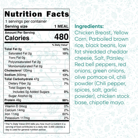The Chicken Taco Bowl nutrition label lists 480 calories per meal, with info on fat, cholesterol, sodium, carbs, and protein. Beside it, blue and green text highlights ingredients: grilled chicken breast, corn, beans, rice, cheese, and pepper.