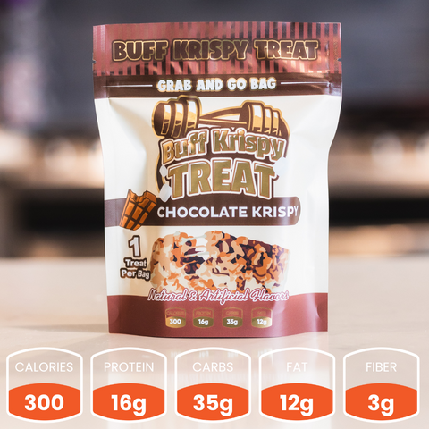 A Chocolate Buff Krispy Treat (Subscription) bag stands upright. Nutrition: 300 calories, 16g protein, 35g carbs, 12g fat, and 3g fiber per treat. Enjoy these high-protein treats shown as chocolate rice treats on the pack.
