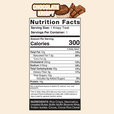 The Chocolate Buff Krispy Treat nutrition label lists 300 calories, 12g fat, 410mg sodium, 35g carbs, 10g sugars, and 16g protein per serving; ingredients are shown at the bottom.