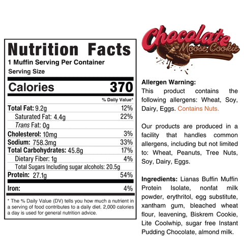 A nutrition label for Buffin Muffin details 370 calories per serving, ingredients, allergen warnings (contains nuts), and nutritional facts—ideal for nutritious snack muffins on the go, featuring a cookie and chocolate logo.
