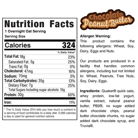 Nutrition label for Overnight Oats (Flavors Vary) - Subscription serving. Ideal for healthy breakfast prep, it details calories, fat, carbs, protein, ingredients, and allergens. Product logo appears at the top right.