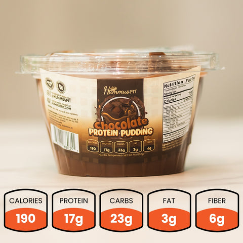 A clear plastic container labeled Protein Chocolate Pudding sits on a light surface. This healthy snack provides 190 calories, 17g protein, 23g carbs, 3g fat, and 6g fiber per serving—ideal for a nutritious snack.